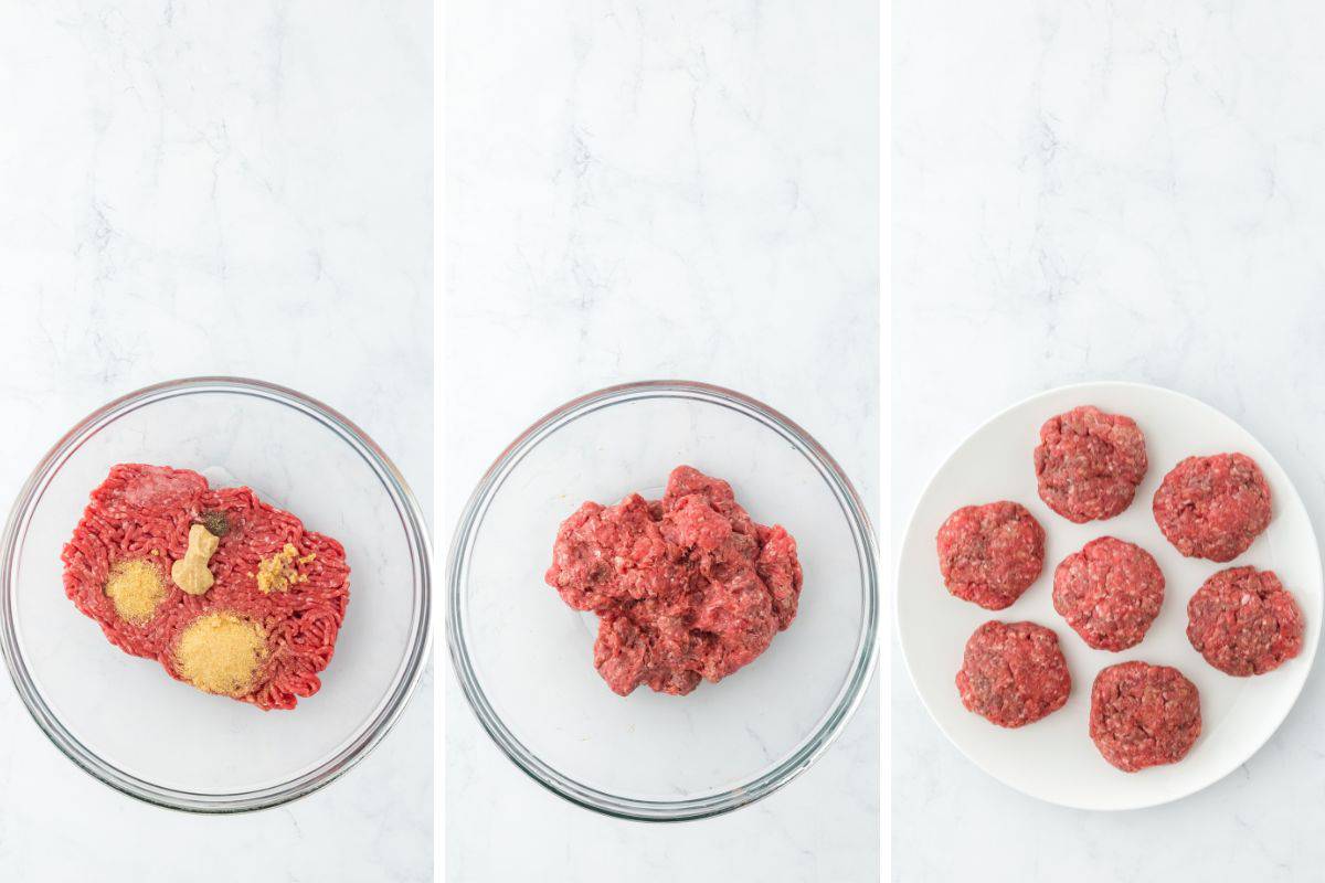 A step by step image collage on how to make hamburger steak with mixing the seasonings with the ground meat, and shaping the meat into patties