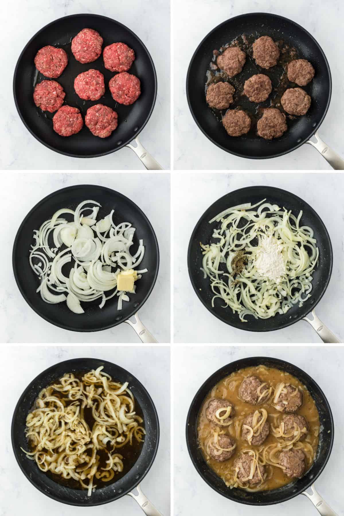 A step by step image collage on how to make hamburger steak with cooking the patties, cooking the onions, adding the broth mixture, and returning the patties to the skillet to finish cooking