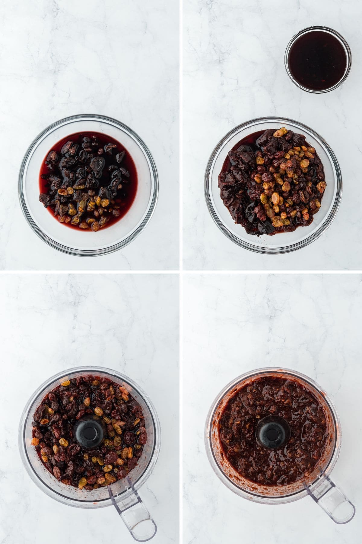 A step by step image collage on how to make Jamaican black cake with mixng all the fruit mixture ingredients, reserving a cup of the liquid, and blending the rest of the fruit
