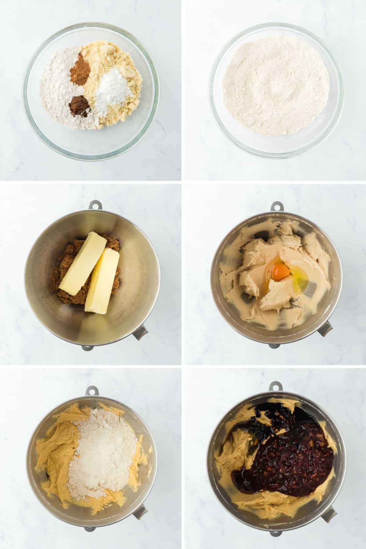 A step by step image collage on how to make Jamaican black cake with mixing the dry ingredients, craming the butter with the sugar, adding the eggs, adding the dry mixture, and pouring the rest of the ingredients including the fruit mixture