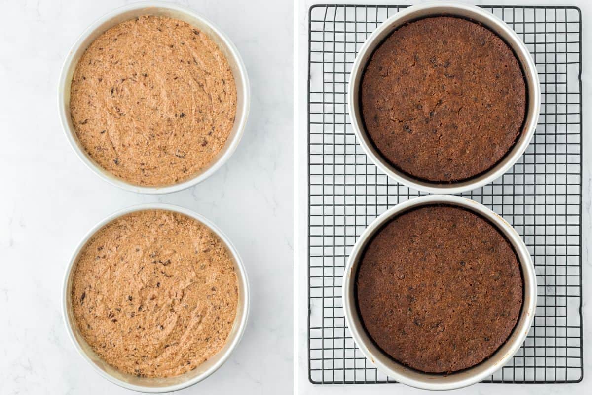 A step by step image collage on how to make Jamaican black cake with dividing the batter into two pans and baking the cakes