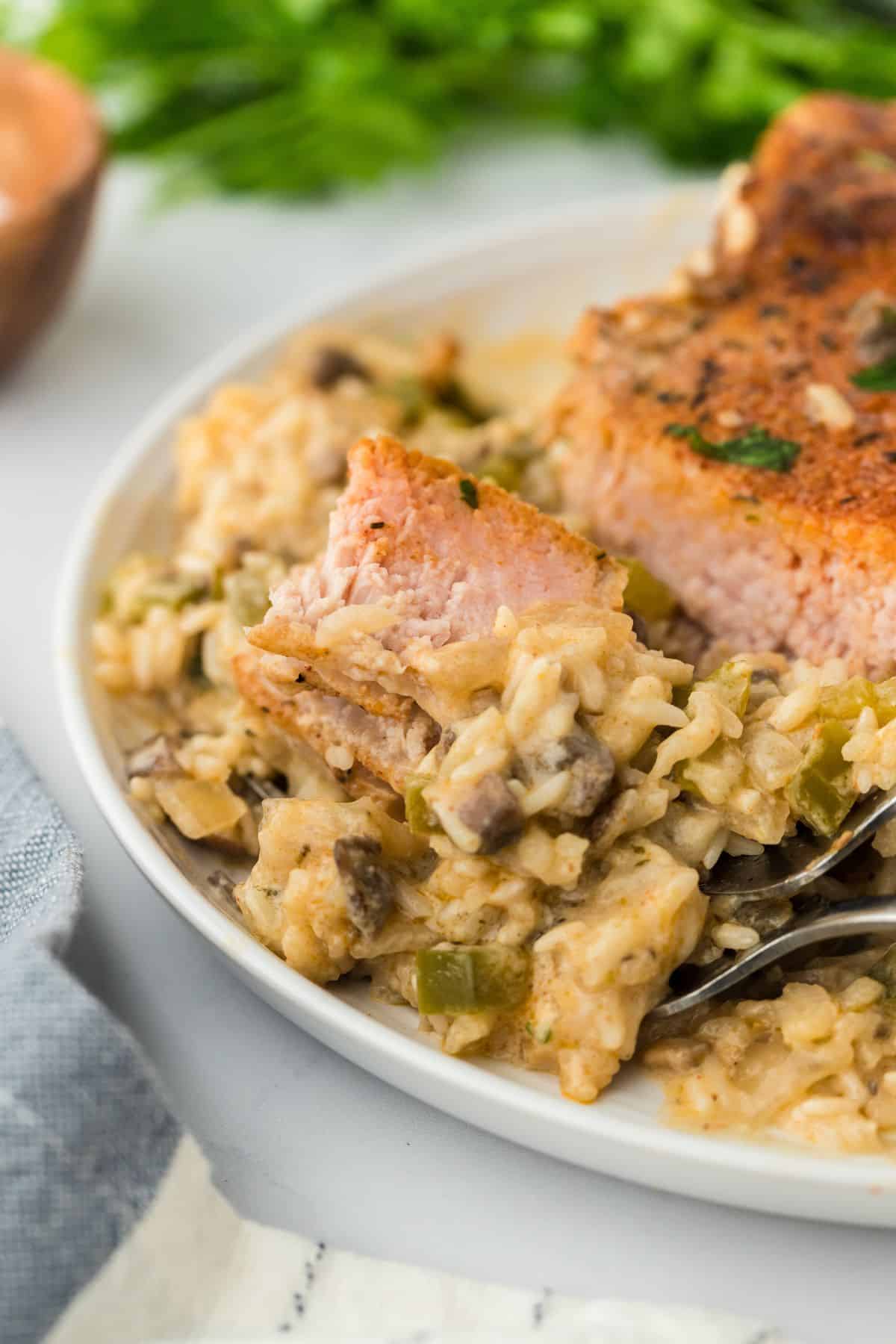 Close up of a plate with a serving of pork chop casserole and a piece of pork chop on top, nestled in creamy rice and mushroom mixture. The dish is garnished with parsley, and a fork is digging into the casserole