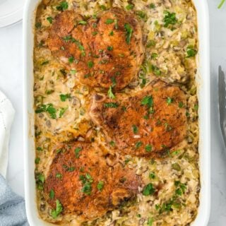 Pork chop casserole in casserole dish before serving