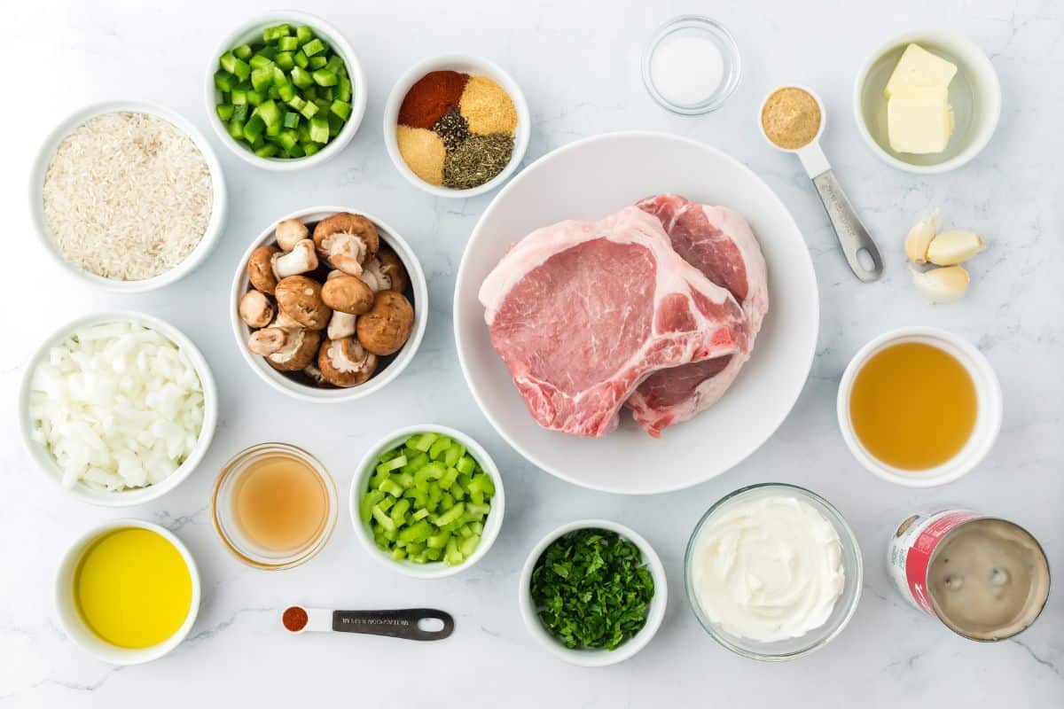 Overhead shot of ingredients to make pork chop casserole on the table before cooking