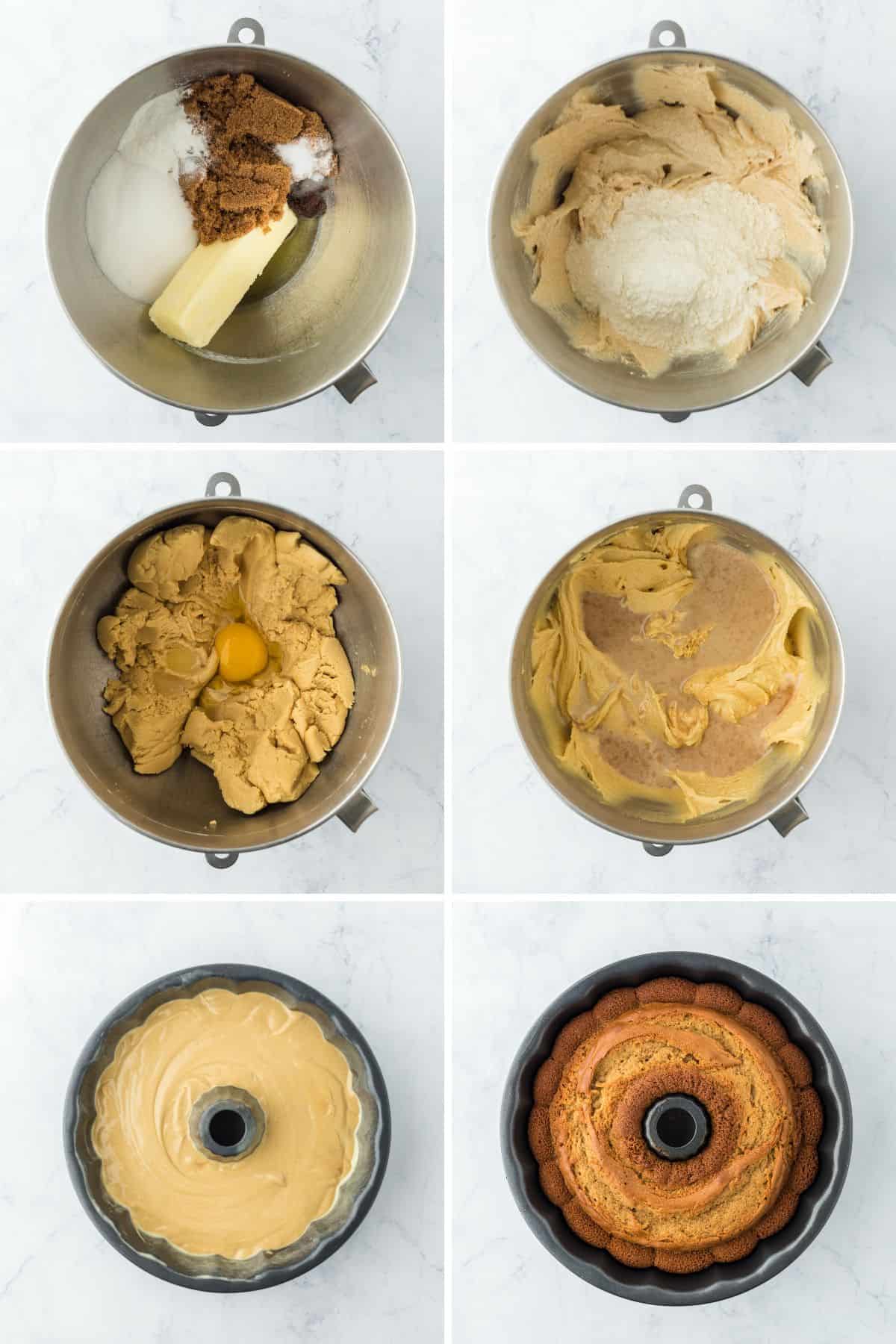 A step by step image collage on how to make rum cake with mixng the batter and baking the cake