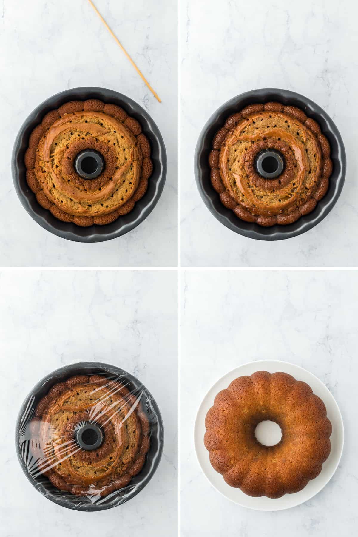 A step by step image collage on how to make rum cake with poking holes all around the cake, pouring the syrup over the holes, and covering the cake to let it rest