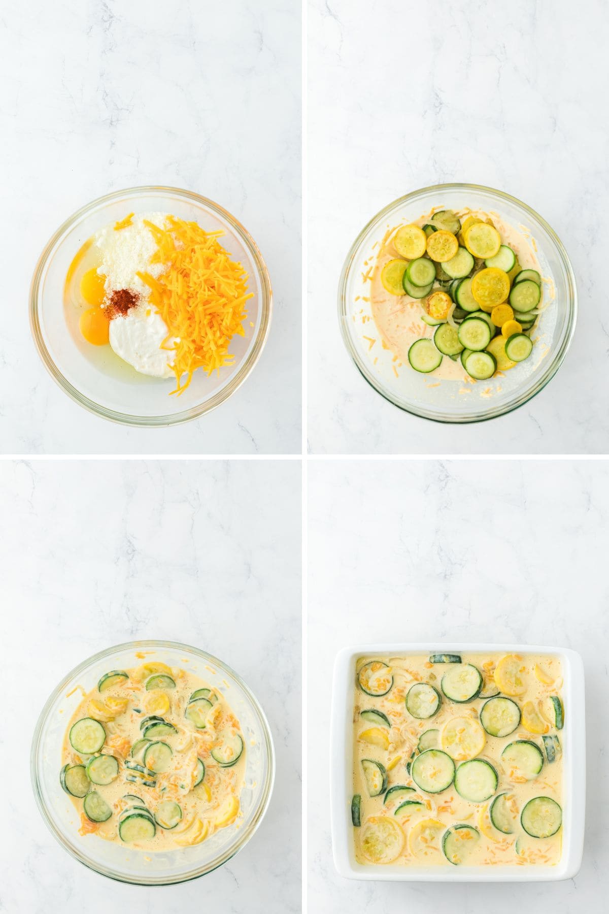A step by step image collage on how to make squash casserole, with mixing the rest of the casserole ingredients with the veggies, and pouring the mixture on the baking dish