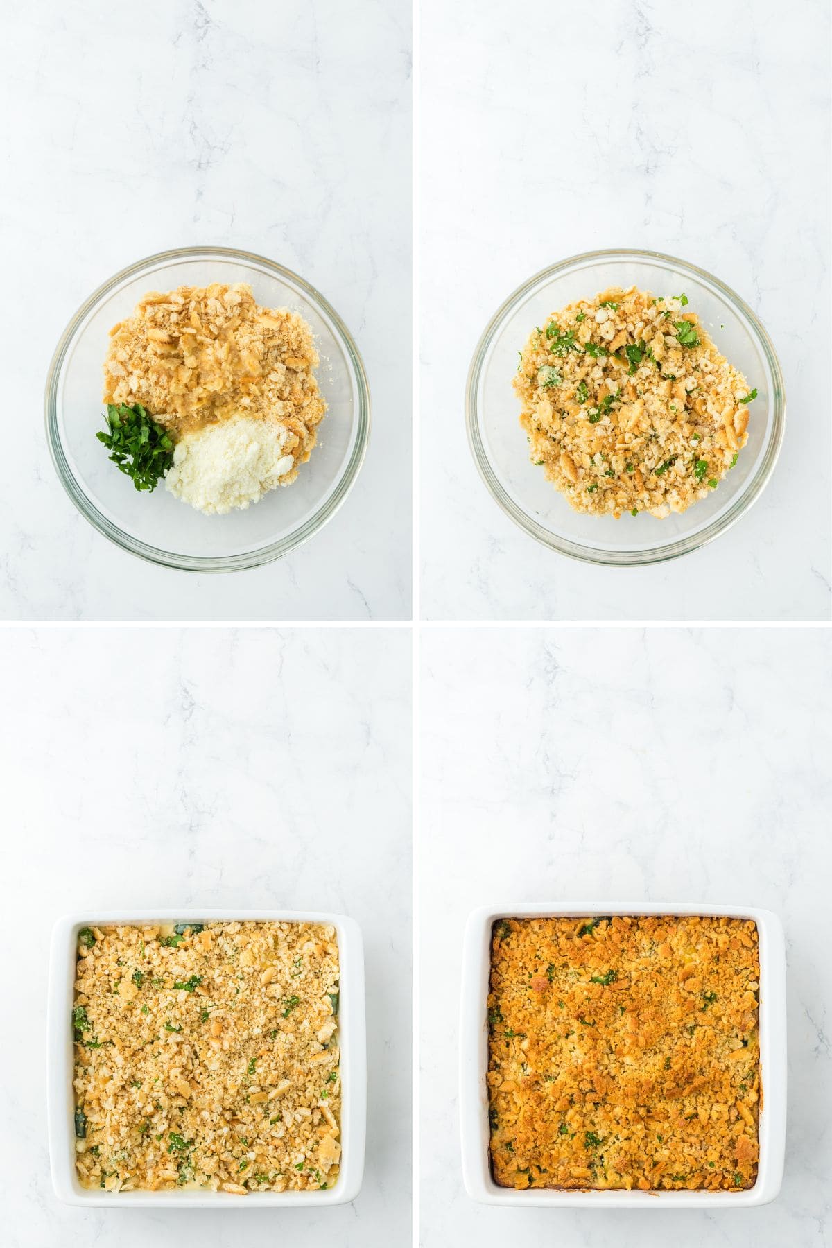 A step by step image collage on how to make squash casserole, with mixing the ingredients for the cracker topping, sprinkling the topping on top of the casserole, and baking the casserole
