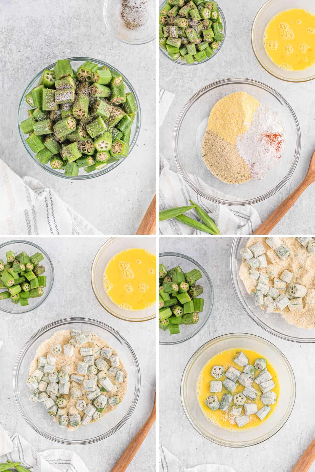 A collage of seasoning okra with salt and pepper, dredging in dry ingredients and dipping in eggs before frying.