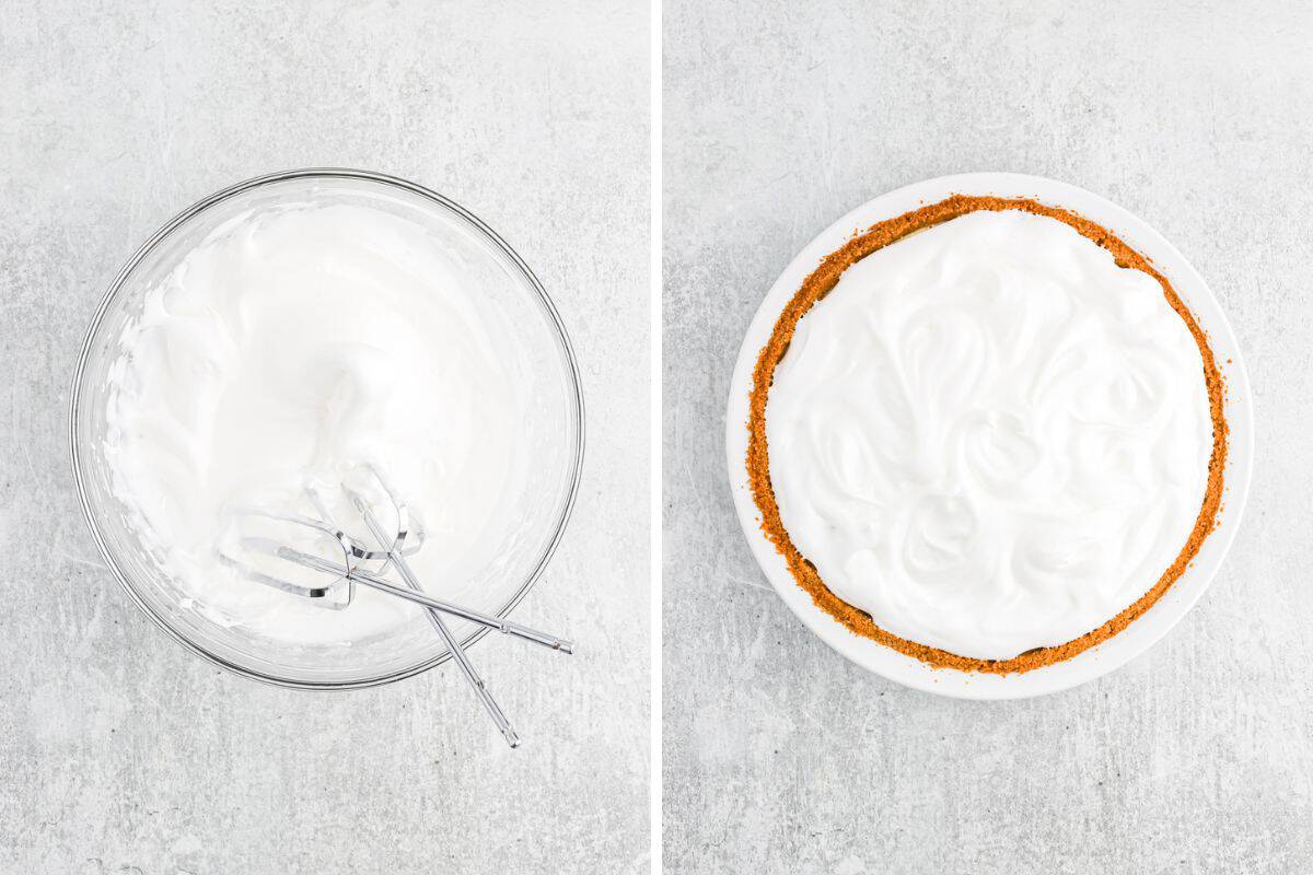 A collage of Meringue topping be mixed then added to an icebox lemon pie