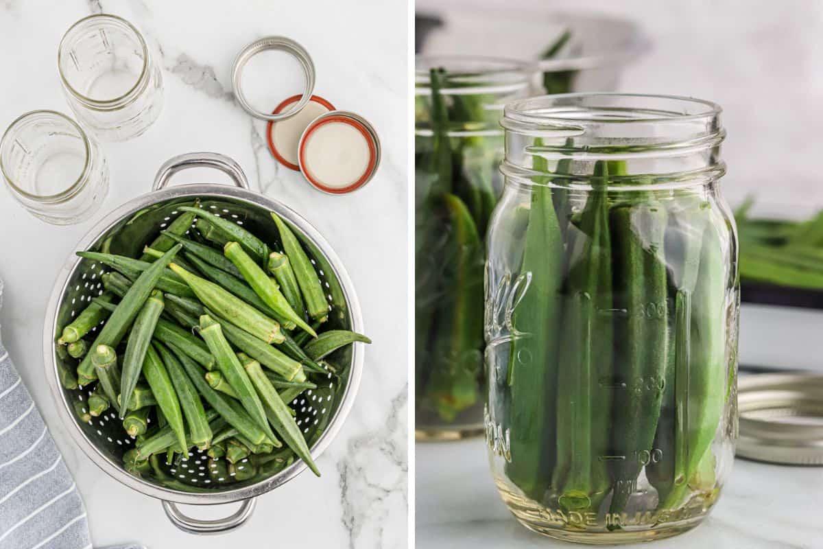 Okra in strainer bowl and inside of a clear jar for pickling.