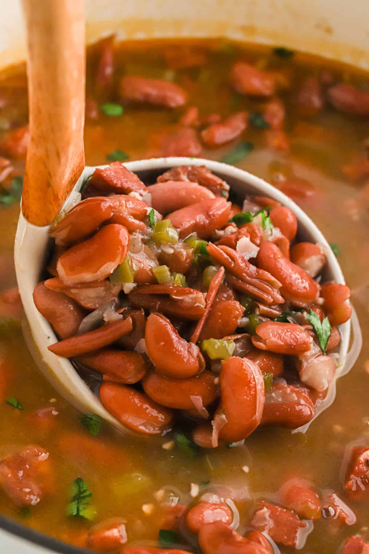 A close up of a ladle of red beans and rice ready to enjoy