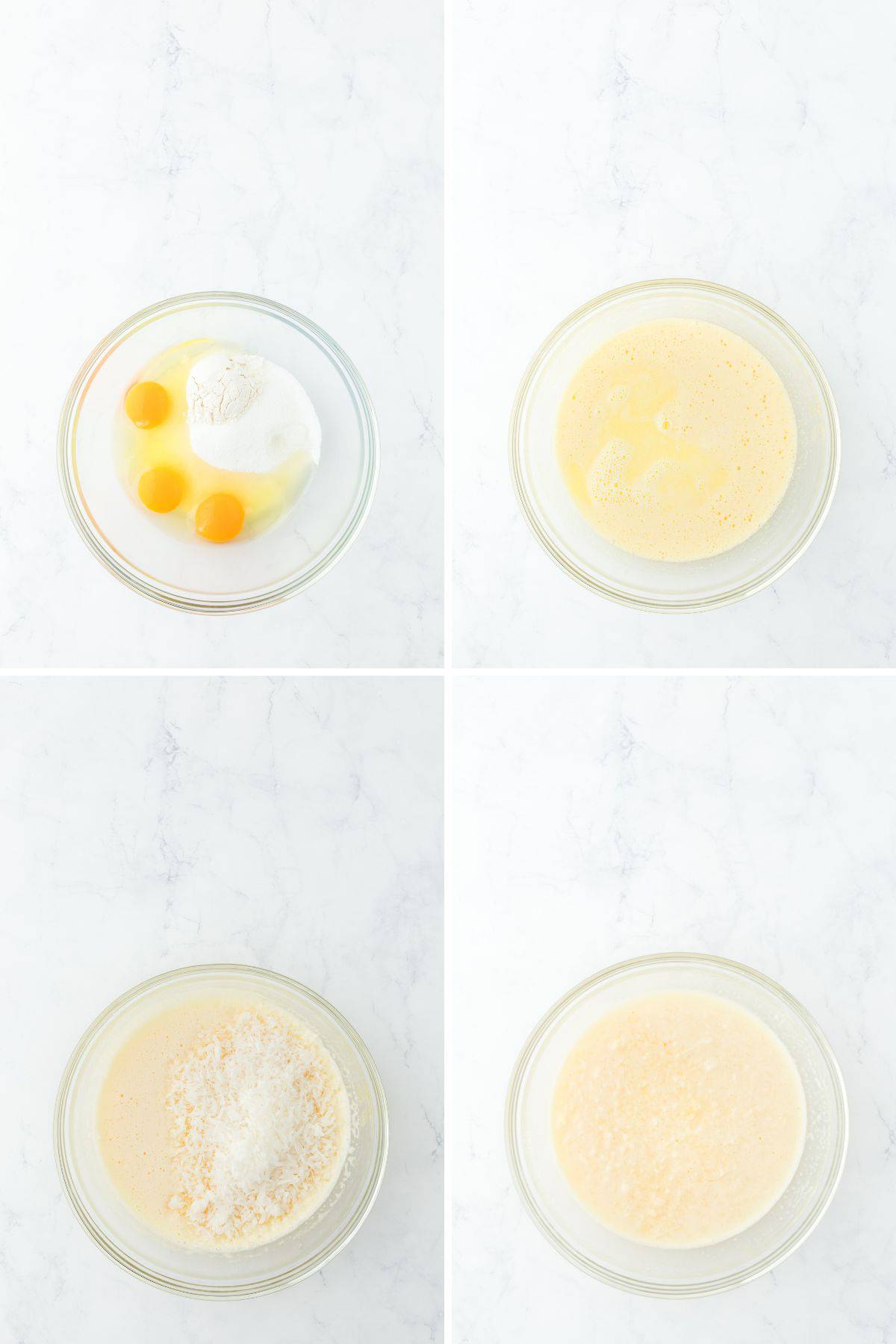 A step by step image collage of how to make coconut custard pie, with mixing the ingredients for the filling