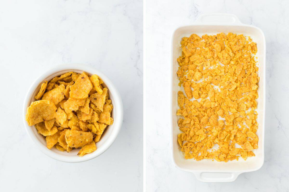A step by step image collage of how to make frito pie with crushing the fritos and layering them on a baking dish