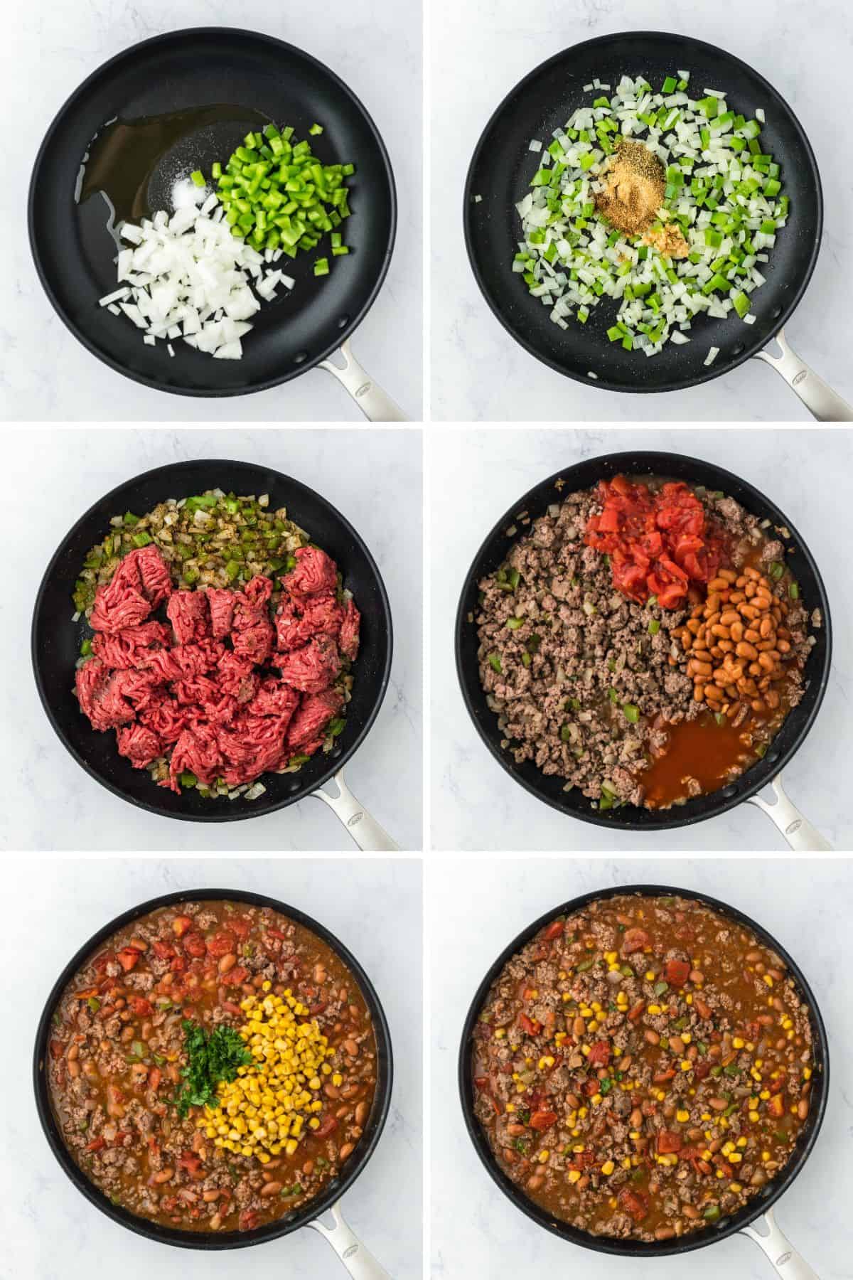 A step by step image collage of how to make frito pie with cooking all the ingredients for the filling on a skillet