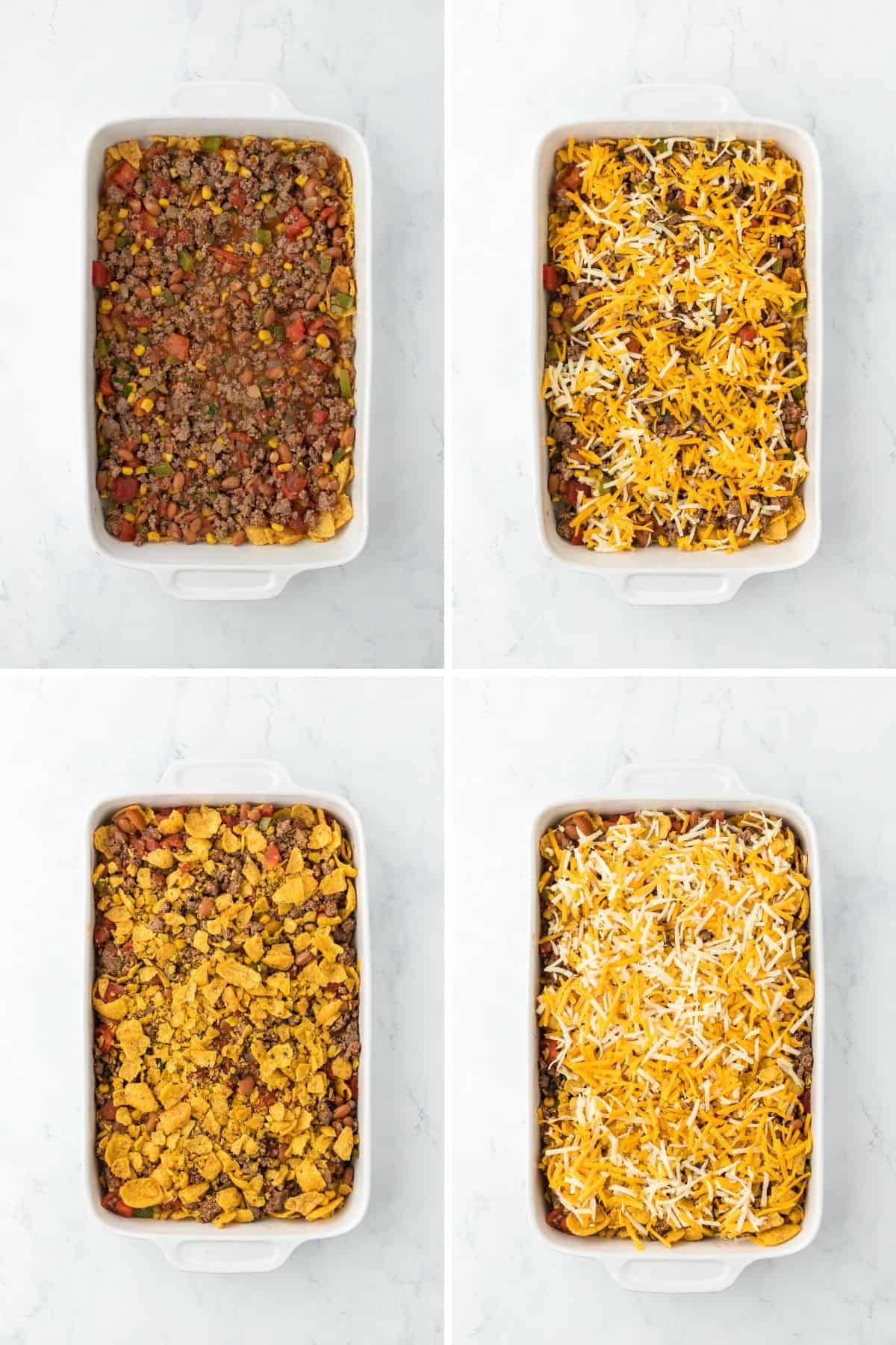 A step by step image collage of how to make frito pie with layering the casserole with the filling, the cheese and more fritos