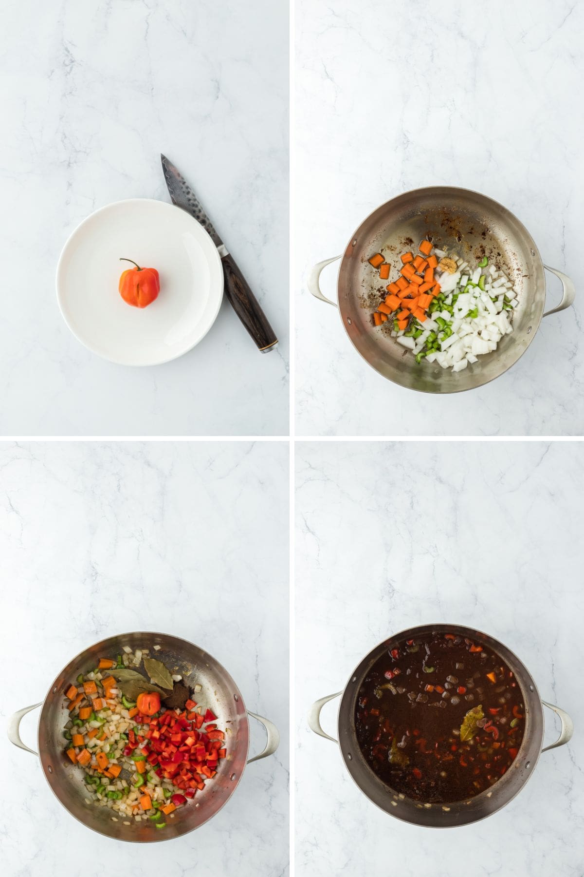 A step by step image collage of how to make Jamaican Oxtail with slicing the habanero pepper, sauteeing the veggies, and deglazing the pot with wine
