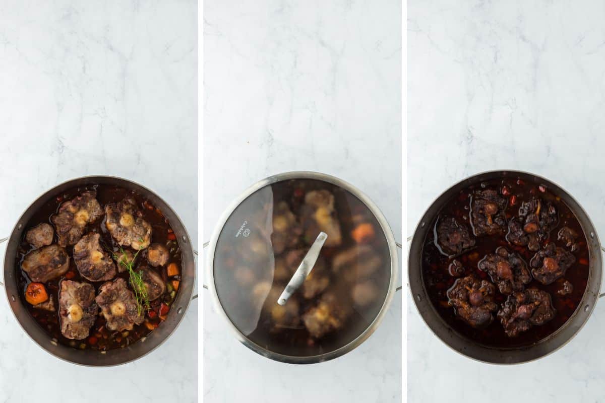 A step by step image collage of how to make Jamaican Oxtail with adding the oxtails back to the pot, pouring the jerk sauce, covering the pot with a lid, and baking it