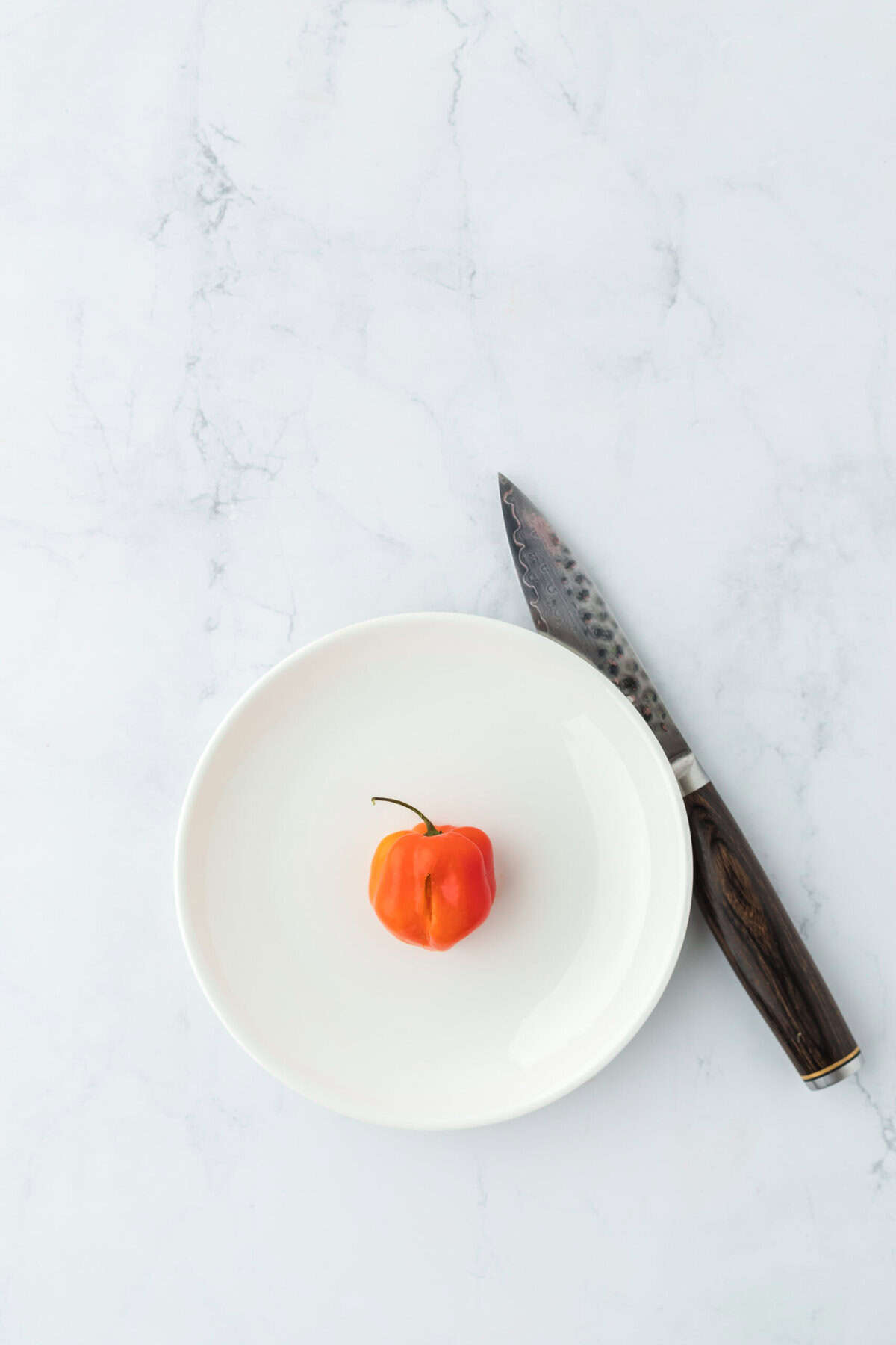 Sliced habenero pepper on white plate with knife nearby