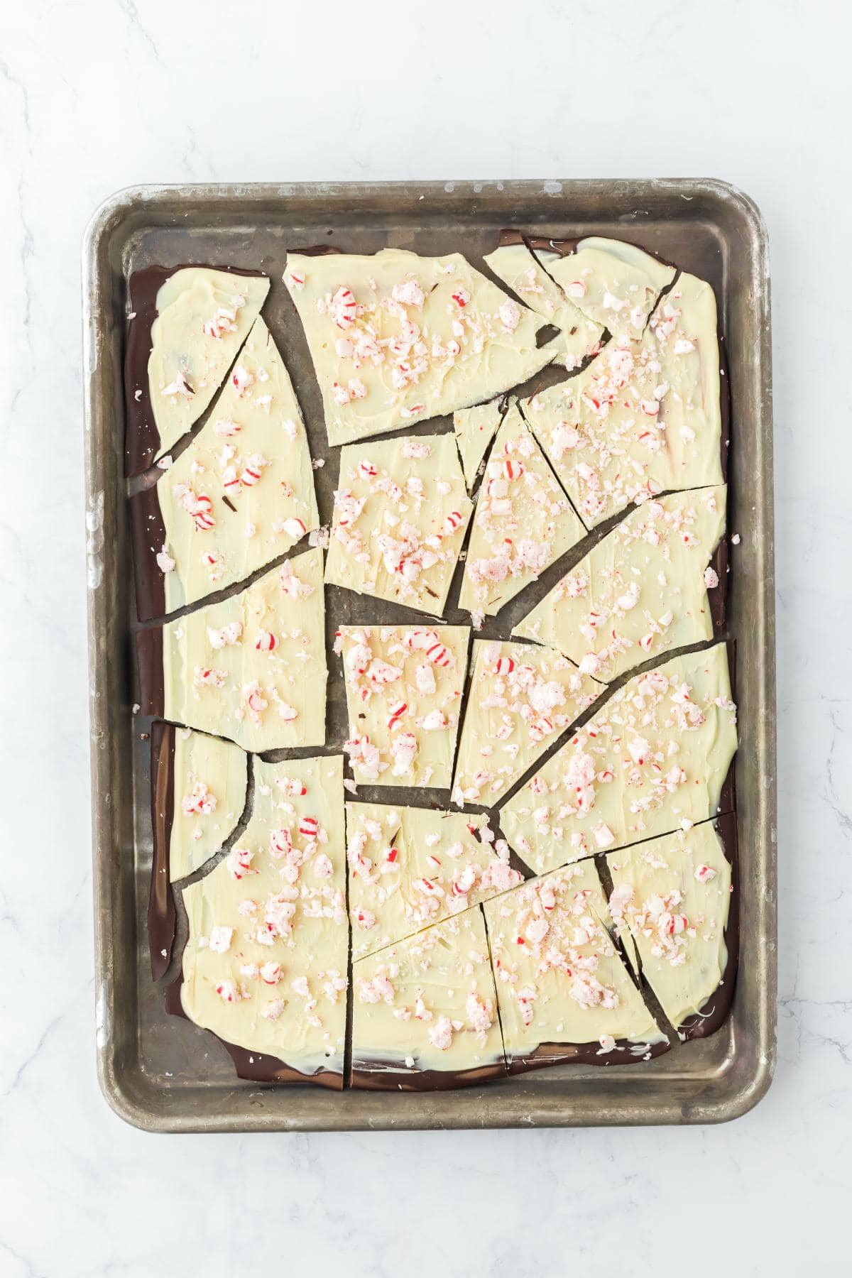 Peppermint bark broken into large shards, showing layers of dark and white chocolate with peppermint pieces on top