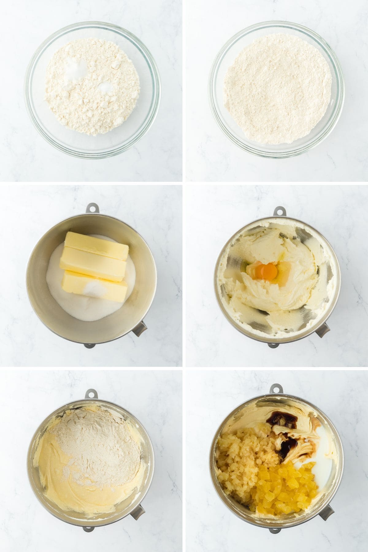 A step by step image collage of how to make pineapple pound cake with mixing all the cake batter ingredients