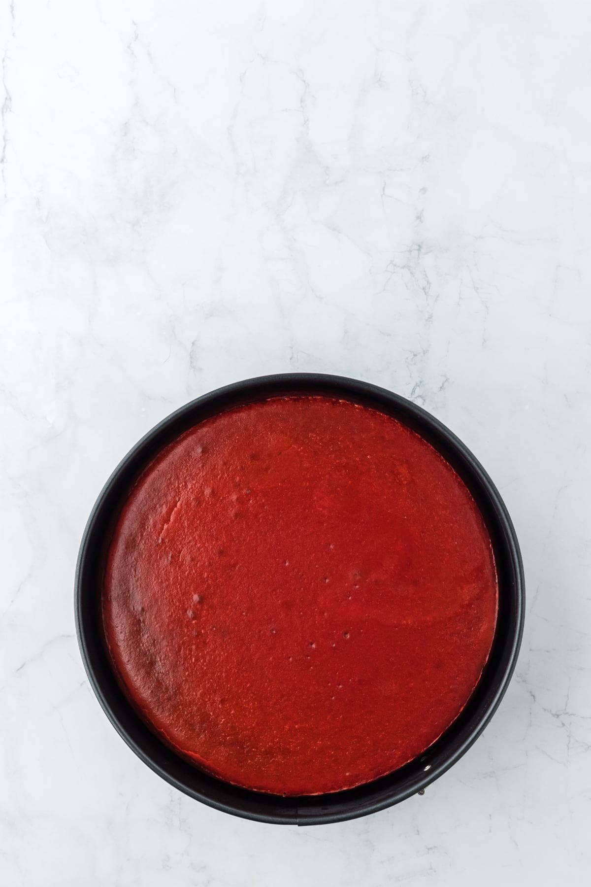 Baked red velvet cheesecake cooling in the springform pan