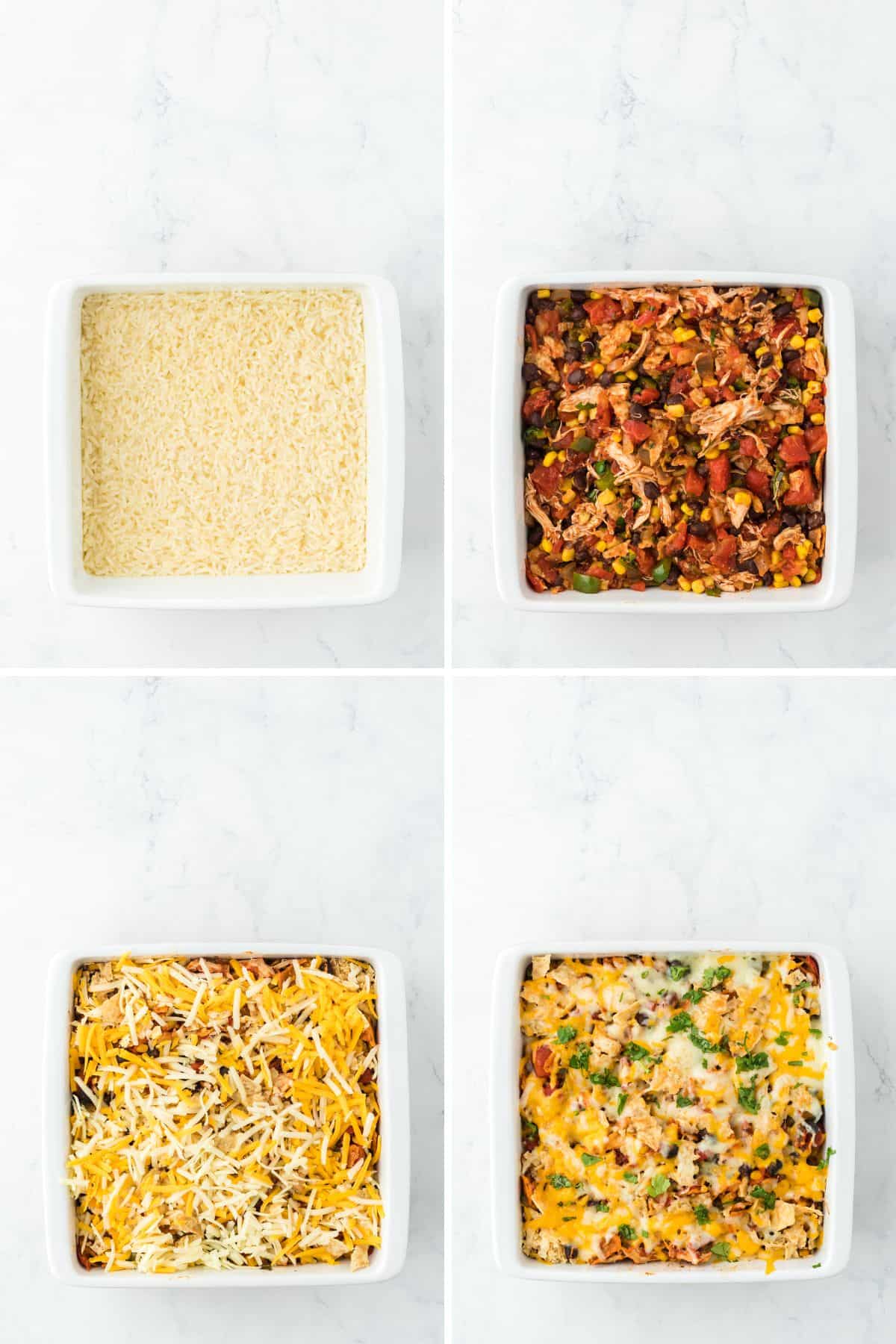 A step by step image collage on how to make Southwestern Chicken Casserole with adding the chicken mixture to the rice, topping it with cheese, and baking it