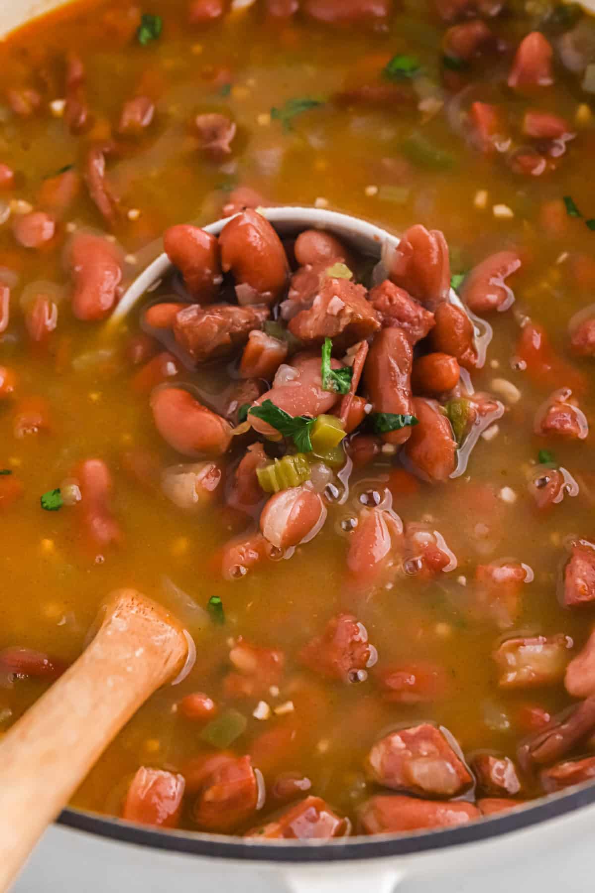 A ladle of red beans ready to enjoy
