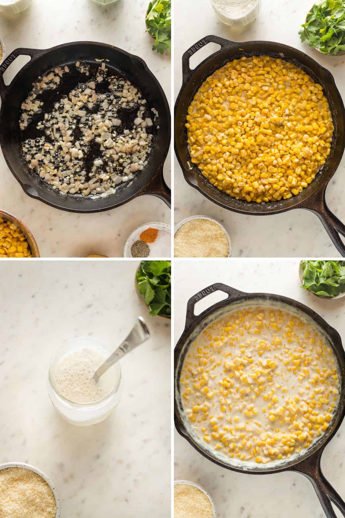 A collage of garlic and shallots being cooked in butter before corn was added along with seasonings and a slurry being made and poured into corn to thicken