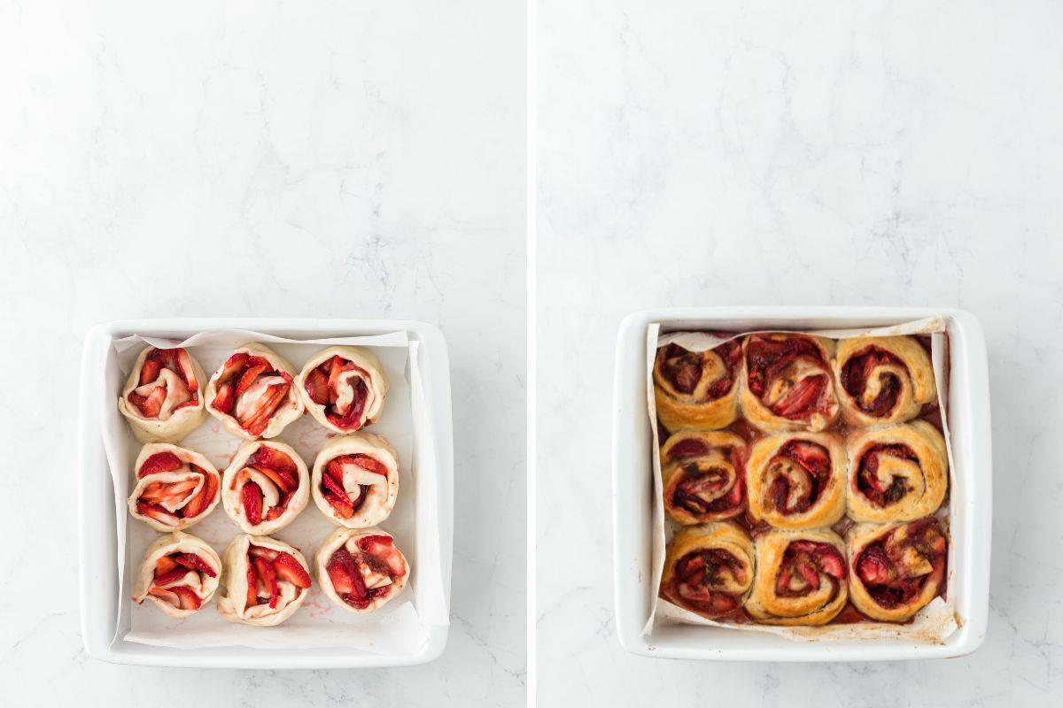 a collage of easy strawberry cinnamon rolls before and after being baked in a pan