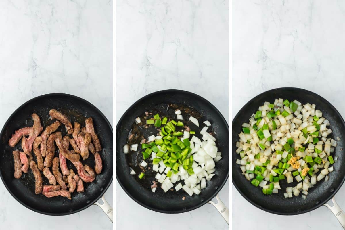 A step by step image collage of how to make grillades and grits with browning the beef and cooking the veggies