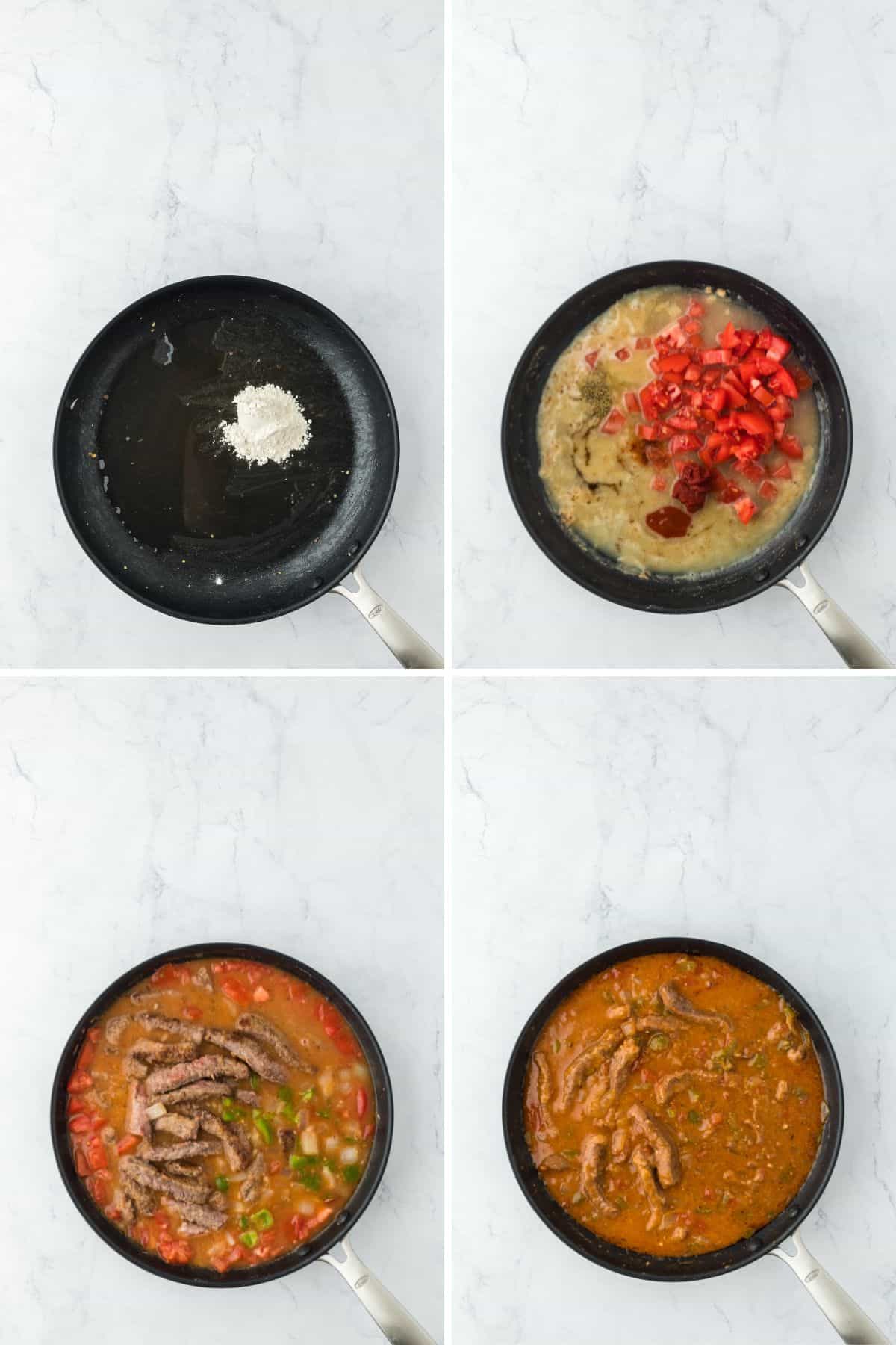 A step by step image collage of how to make grillades and grits with making the roux, adding the rest of ingredients to the pan, and returning the beef and the veggies to the pan