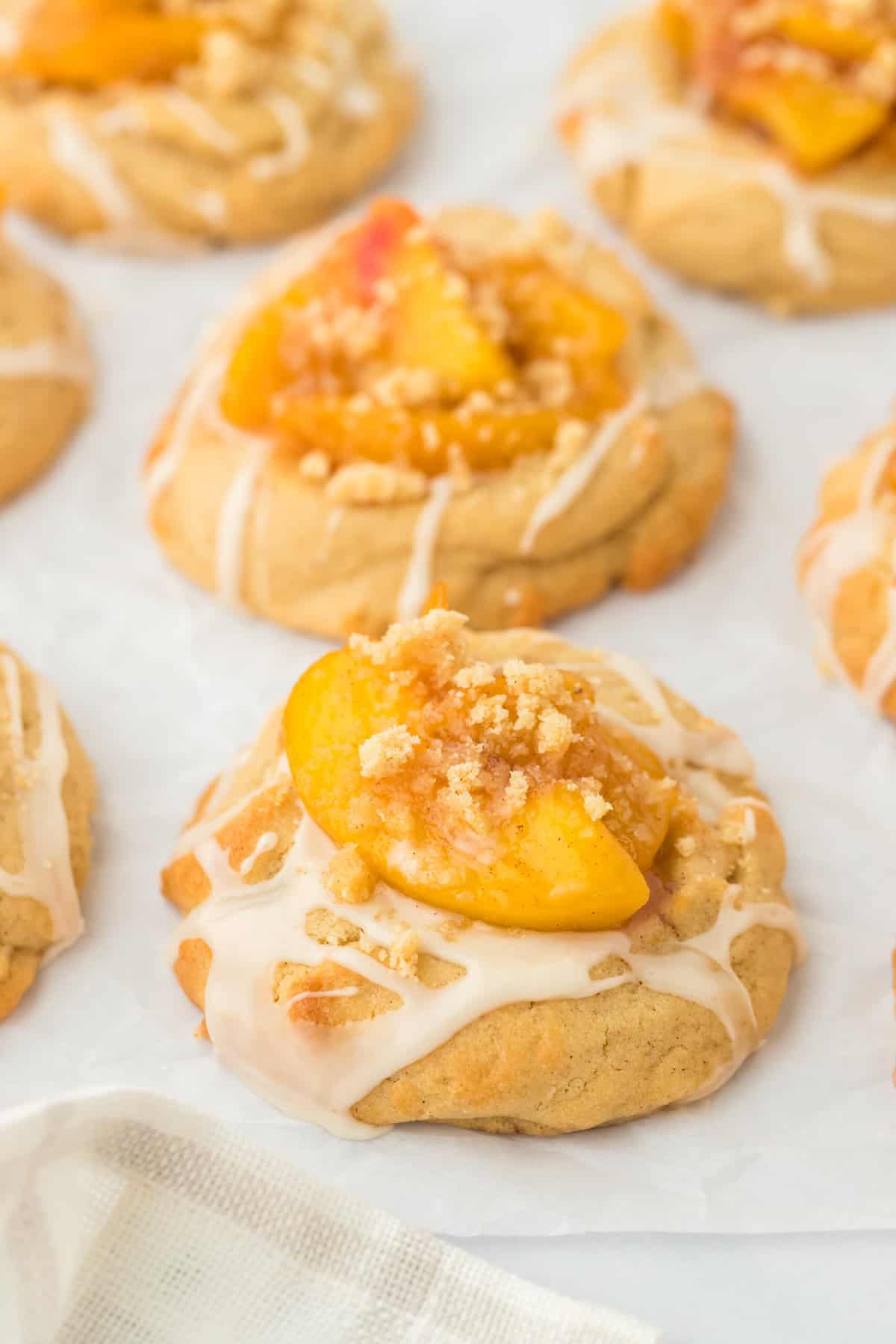 Peach cobbler cookies on a white background ready to serve