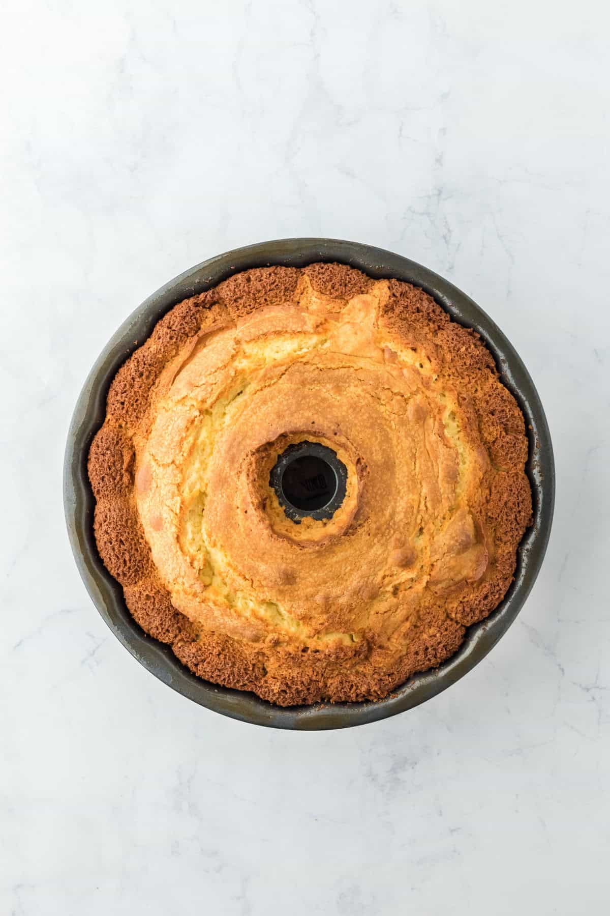 Baked Sock it to me pound cake in a bundt pan after baking