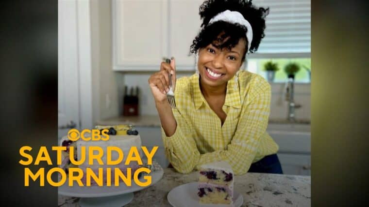 Jocelyn Delk Adams eating cake on CBS Saturday Morning