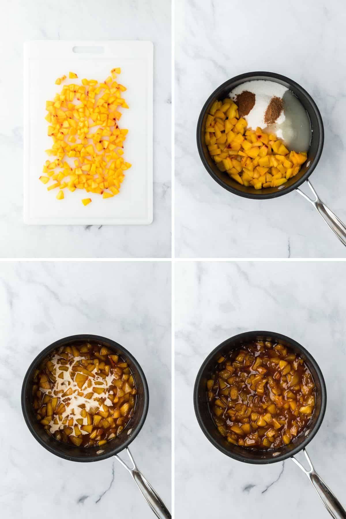 A collage of sliced peaches on a white cutting board then added to a saucepan with sugar and ingredients until cooked down