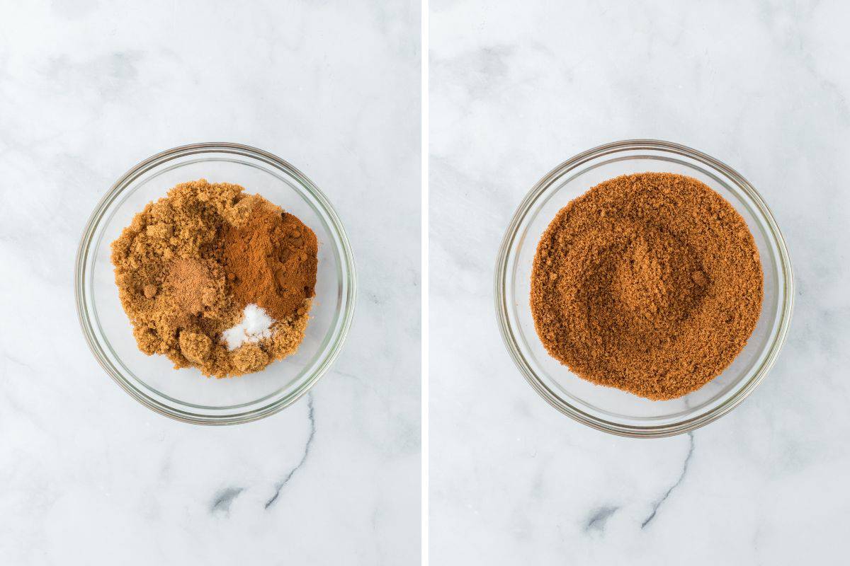 A collage of brown sugar mix being mixed together on a white background