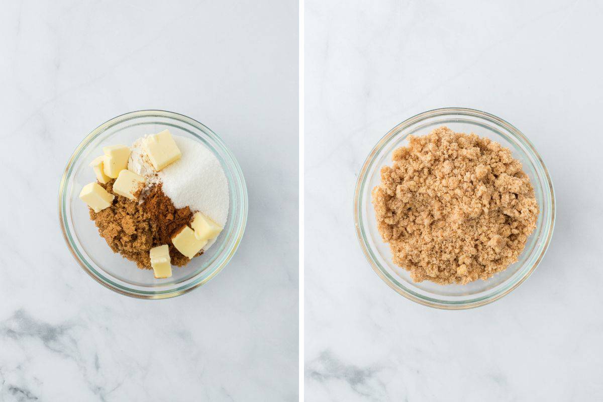 A collage of butter in dry mixture then blended into a streusel crumble in a glass bowl on a white background