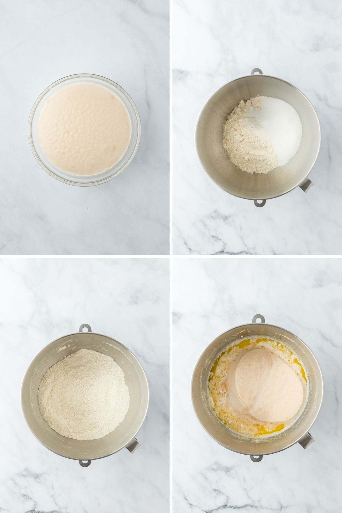 a collage of yeast being mixed with water in a bowl then dry ingredients in a stand mixer being combined with yeast mixture