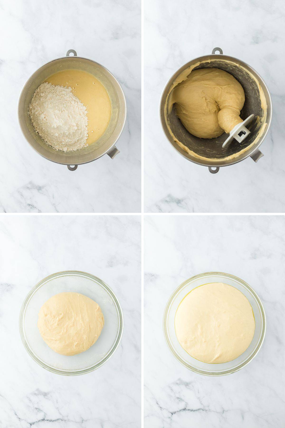 A collage of flour added to stand mixer to make a cinnamon roll dough then added to a glass bowl to let rise