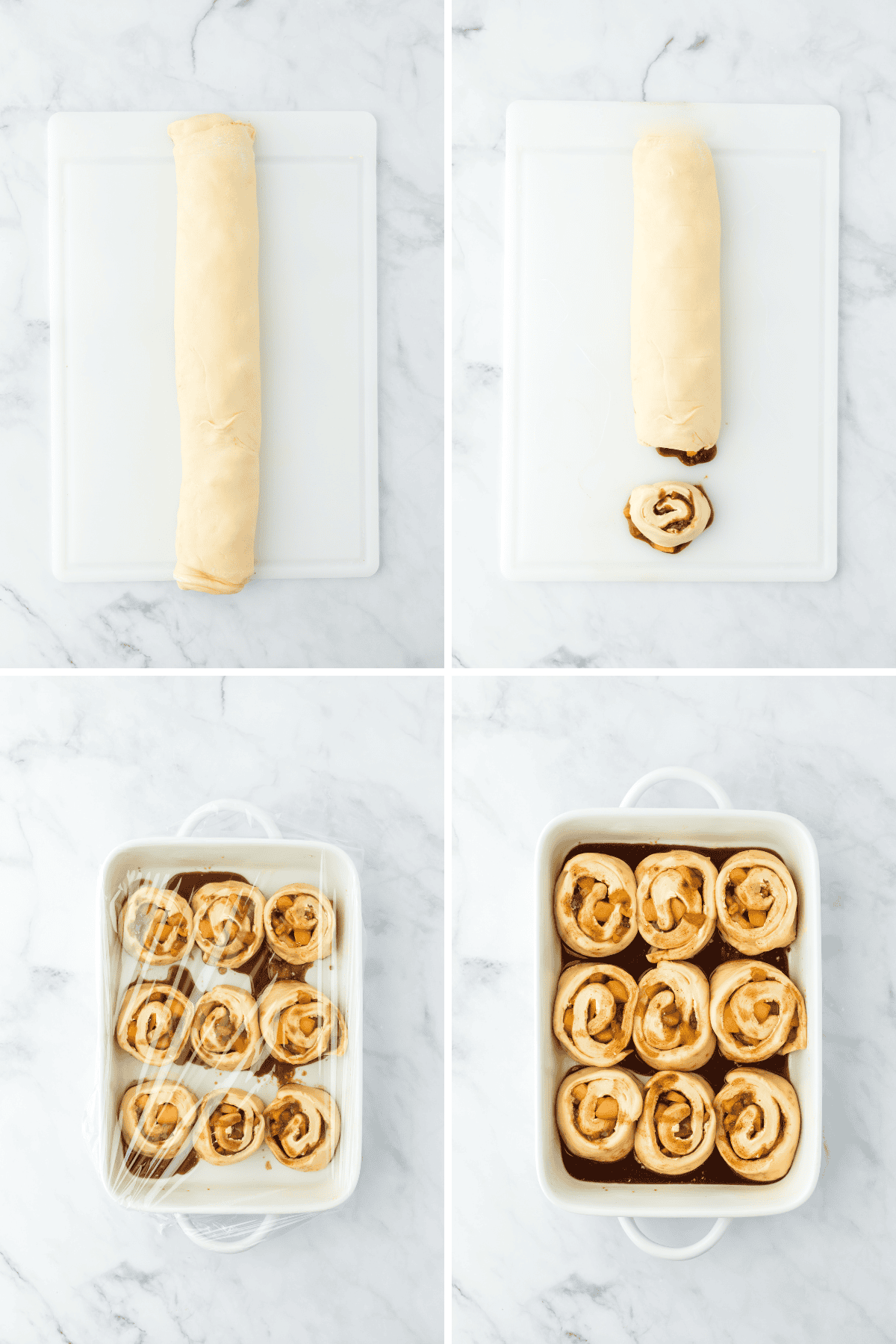 A collage of cinnamon roll dough rolled into a log then cut then added to a white baking pan to rise again