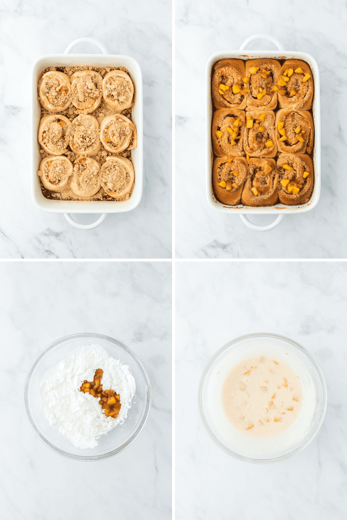 Peach cobbler cinnamon rolls before and after being baked with an icing being mixed together