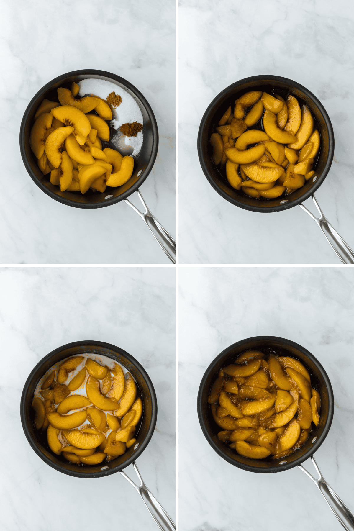 Peach cobbler filling being mixed in a small pot on a white background