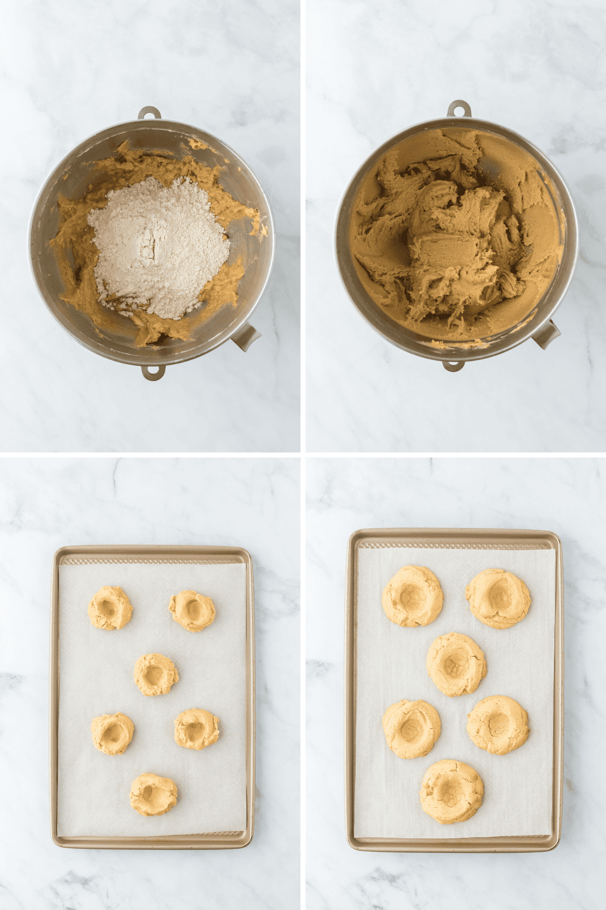 A collage of dry ingredients mixing with cookie dough in a stand mixer then cookies with thumprints before and after baking on a white background