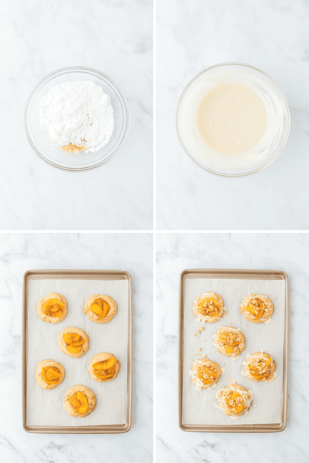 A collage of icing being mixed and peach cookies being assembled on baking sheet pans