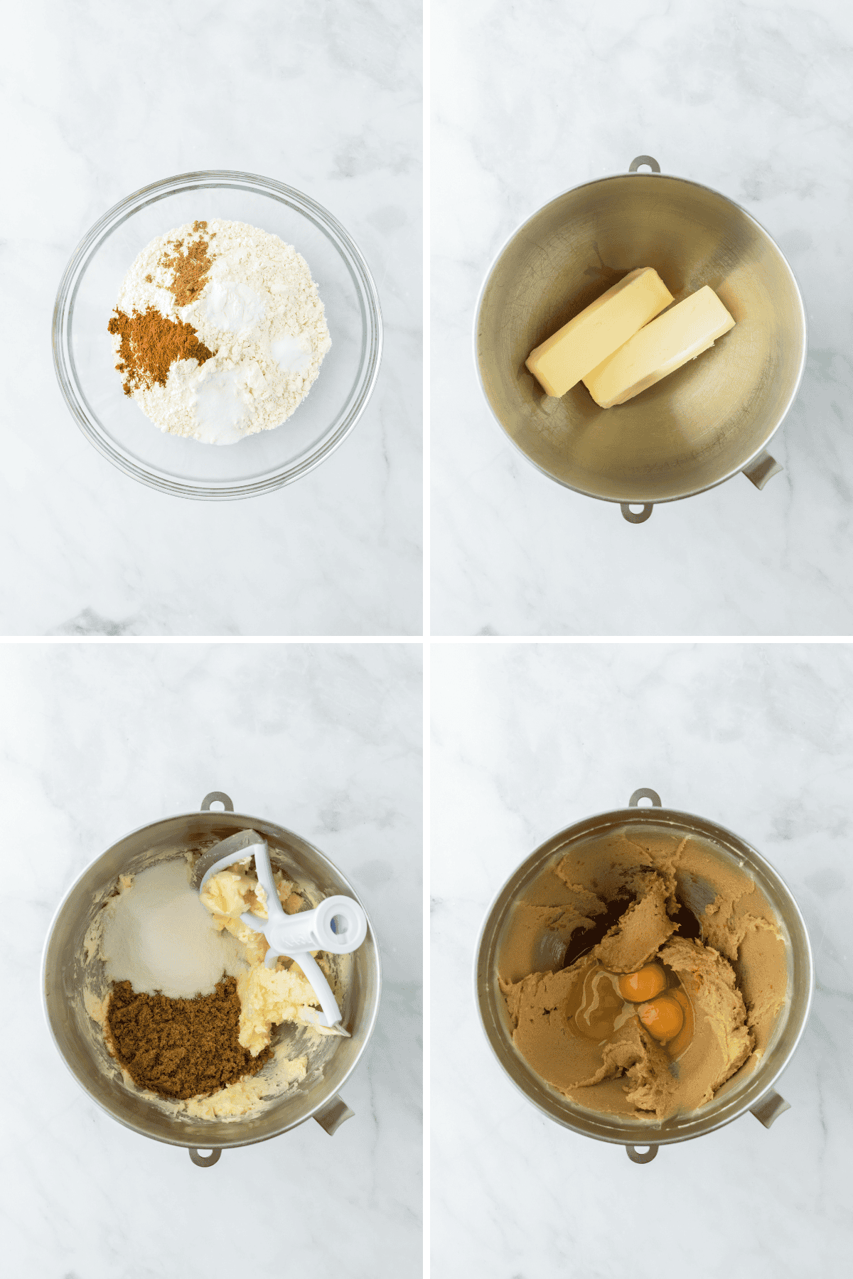 A collage of dry ingredients being mixed then butter being added to a stand mixer along with sugar and eggs on a white background