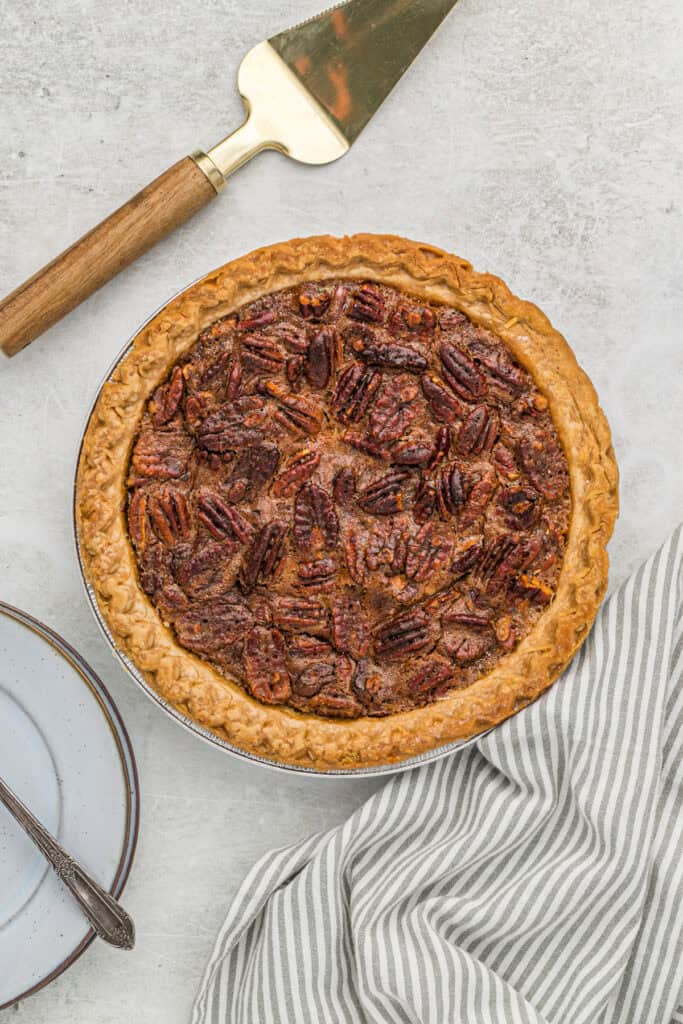 Baked pecan pie ready to serve