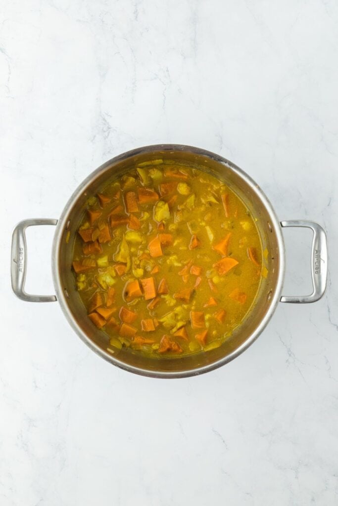 The soup ingredients fully cooked