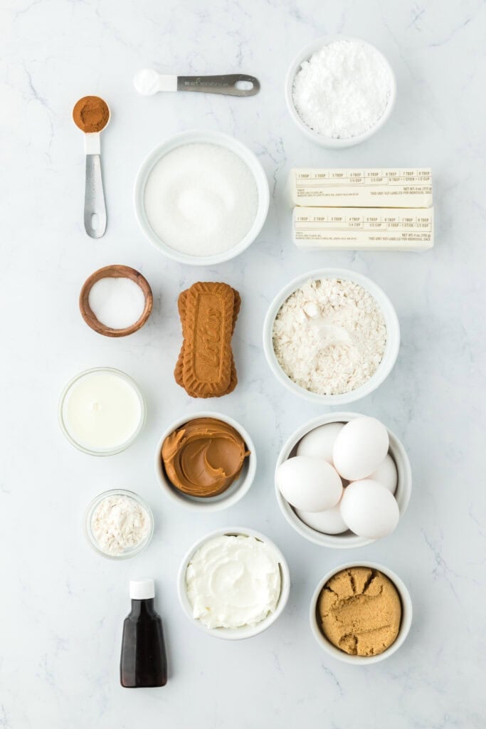 ingredients to make a biscoff pound cake with cookie butter and cookies