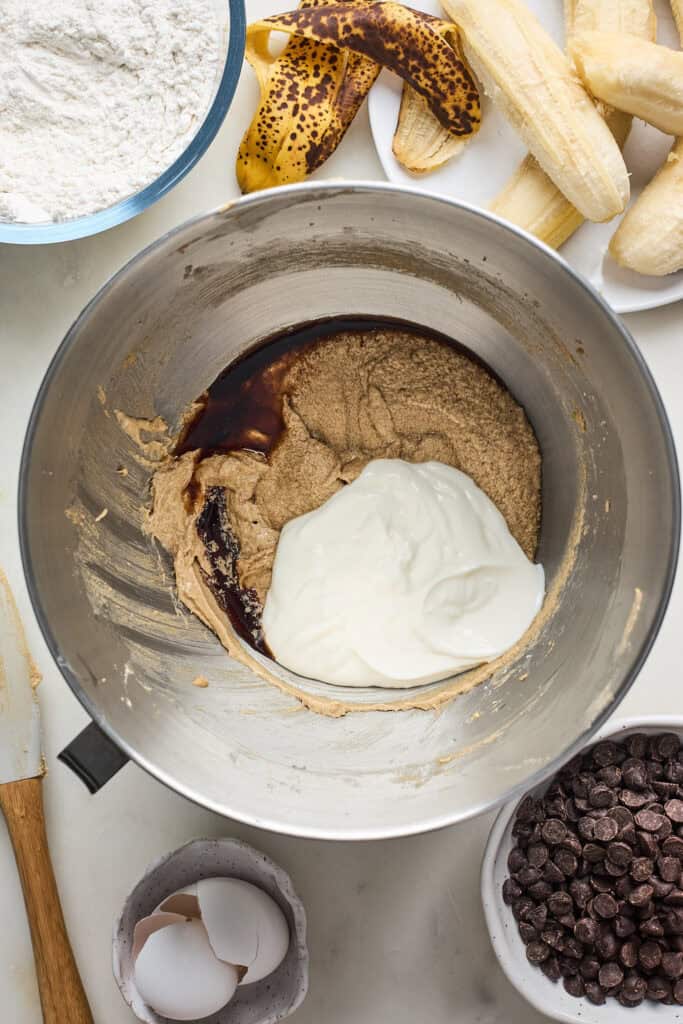 Banana bread mixture in a stand mixer bowl